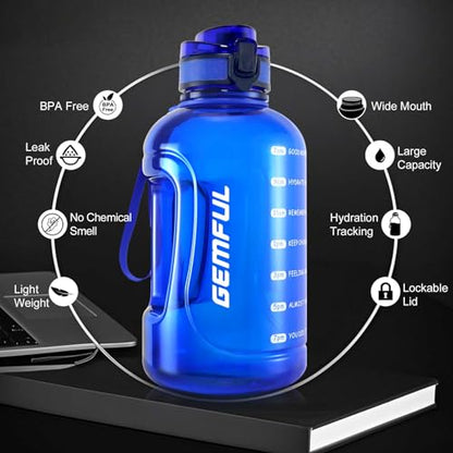 GEMFUL 2L Leak Proof Water Bottle with Handle 64oz Large Gym Jug Time Marker No Straw BPA Free Motivational for Men & Women (Royal Blue) - color: 2L Blue No Straw