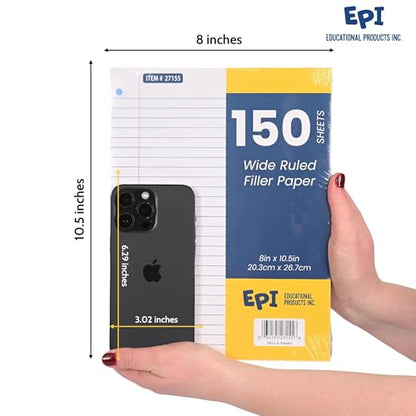 1152 Pack (Pallet) Bulk EPI Filler Paper – Wide Ruled, 150 Sheets Loose Leaf Paper – 3-Hole Punched for 3 Ring Binder Refill – 10.5 x 8in – Bulk School Supplies, Office and Classroom Lined Pads - color: Wide Ruled, size: 1152 Pack
