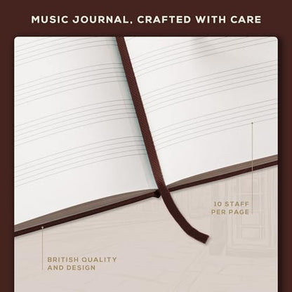 BEECHMORE BOOKS Music Manuscript Paper Notebook - A4 Blank Sheet Music Composition Book for Songwriters & Musicians, 120gsm Thick Staff Paper, 10 Staves, Hardcover Vegan Leather, Perforated Pages - color: Chestnut Brown