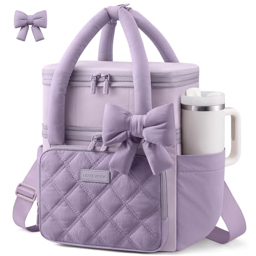 LOVEVOOK Insulated Lunch Bag Women,Expandable Double Deck Adult Lunch Box Women with Cup Holder,Bow Quilted Puffer Lunch Tote,Large Leakproof Collapsible Cooler Bag for Work College Picnic Meal Prep - color: Dark Purple with Light Purple, size: X Large —2