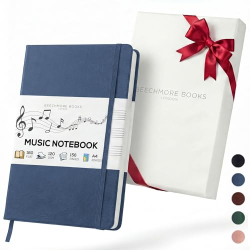 Beechmore Books Blank Sheet Music Notebook – A4 8.5"x11.5" for Songwriters, Musicians & Composers, 156 Thick 120gsm Pages, 10-Staff Perforated Sheets, Vegan Leather Hardcover, Elastic Closure, Gift Box - color: Symphony Blue