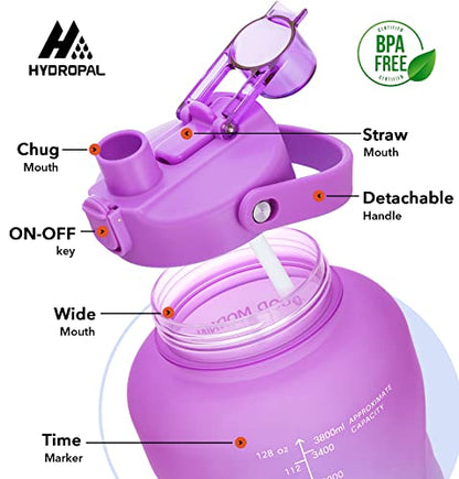 HydroPal 1 Gallon Water Bottles with Straw, 128 oz Water Bottle BPA Free Innovative 2-IN-1 Lid Gym Bottle with Times to Drink Motivational, Large for Sports Fitness Camping Water Jug （13.8X5.5 inch） - color: Jacaranda
