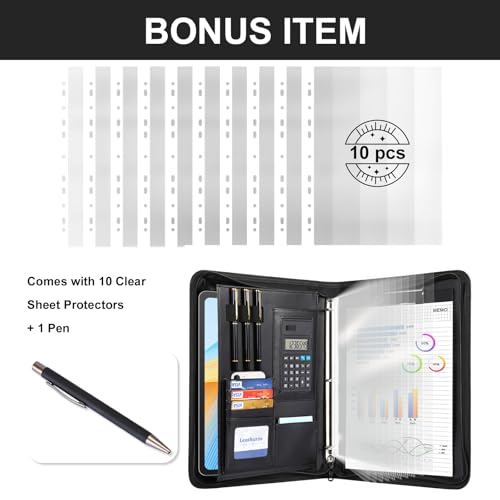 Leathario Portfolio Binder, Includes 10 Sheet Protectors and a Pen, 13 Inch Tablets Organizer, Vegan Leather A4 Padfolio, Multi-Pocket Notepad Business Planner Professional 3 Ring Document - color: Black-3 Ring
