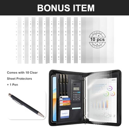 Leathario Portfolio Binder, Includes 10 Sheet Protectors and a Pen, 13 Inch Tablets Organizer, Vegan Leather A4 Padfolio, Multi-Pocket Notepad Business Planner Professional 3 Ring Document - color: Black-3 Ring