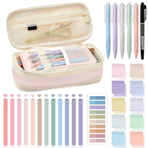 Jutom 39 Pcs Aesthetic Book Annotation Kit Highlighter with Case Bag Gel Pen Transparent Sticky Note Taking Bible Supplies(Pink,Cute Style) - color: Pink, style: Cute Style