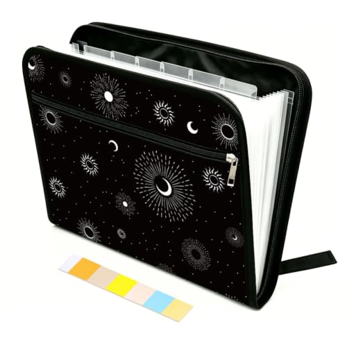 WEBEEDY Sun Moon Stars Prints 13 Pockets Expanding File Folder Accordion File Organizer with Labels and Zipper, Portable Expandable Paperwork Organizer for A4 Paper Document Receipt Travel Office - color: Sun, Moon, and Stars