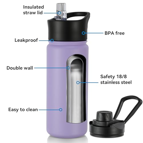 16 oz Insulated Water Bottle with Straw Lids, Stainless Steel Kids Water Bottles for School, Double Wall Vacuum Metal Water Bottle with Straw & Wide Mouth Lid, Lavender 1 Pack - color: Lavender, size: 16 Ounces
