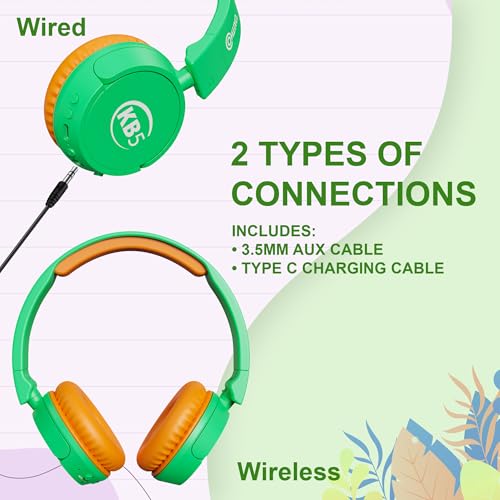 Contixo KB-5 Kids Headphones - Over The Ear Foldable Bluetooth Wireless Headphone for Kids - 85dB with Volume Limited - Toddler Headphones for Boys and Girls (Green+Orange) - color: Green