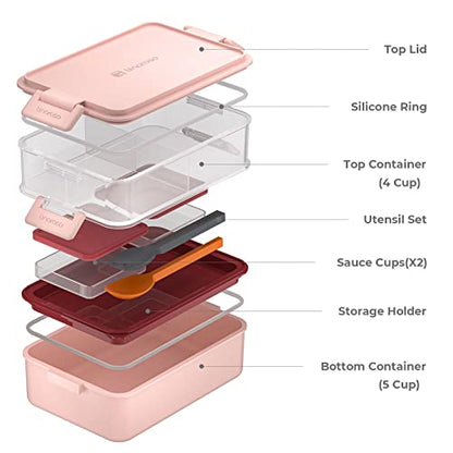 linoroso Stackable 2-Tier Adult Bento Box, 4 Compartments - Frozen Berry | leakproof bento lunch box with fork & spoon + sauce cups, microwave/dishwasher safe, perfect for office, school & daily meals - color: Frozen Berry