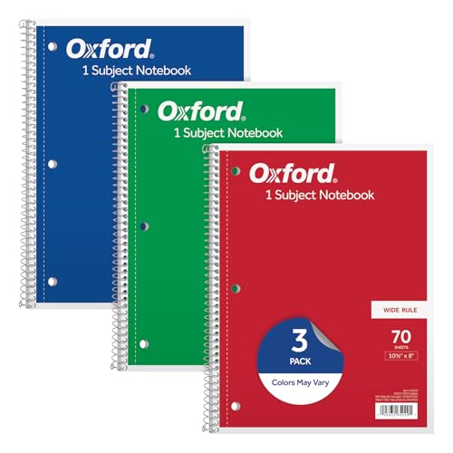 Oxford 1-Subject Notebooks, School Journal, 8 x 10-1/2 Inch, Wide Rule Paper, 70 Sheets, 3-Hole Punch, 3 Pack, Red, Blue, Green, Color Assortment May Vary (65029) - size: 10.5" x 8" x 10.5"