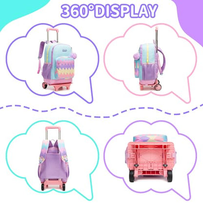 Girls Rolling Backpack for Kids Backpack with Wheels for Elementary School,Large Capacity Trolley School Bag with Lunch Box Pencil Case - color: Purple Blue