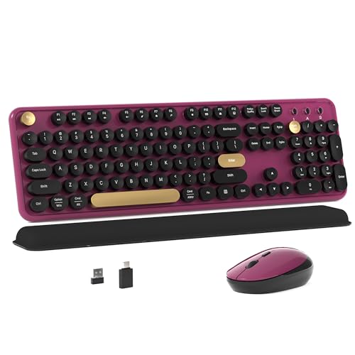 MPTOG Colorful Wireless Computer Keyboard and Mouse Combo with Round Typewriter Keycaps, Retro Design, Power Switch, Ergonomic Design, 2.4GHz Wireless for Windows, Mac, PC（Black-Claret） - color: Black-Claret