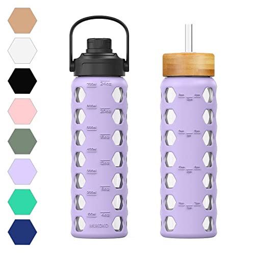 MUKOKO 24oz Glass Water Bottle, Purple | Glass Tumbler with Straw, Drinking Bottles with 2 Lids-Handle Spout Lid & Bamboo Straw Lid, Silicone Sleeve, 1 Pack - color: Purple, size: 24 Ounces