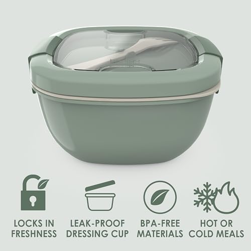Bentgo Salad Container - 54 oz Bowl with 4-Compartment Toppings Tray, Leak-Proof Dressing Container, Reusable Fork, BPA-Free Lunch Box for Meal Prep & Food Storage; Removable Bento Tray (Khaki Green) - color: Khaki Green