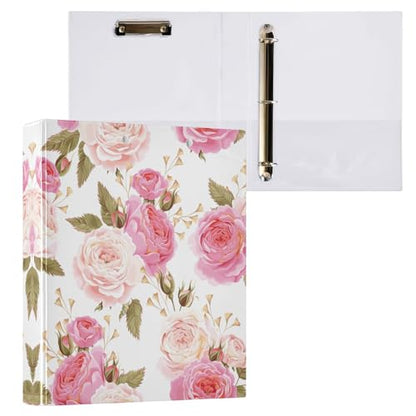 3 Ring Binder, Floral Flower Rose Pink 1.5 inch Round Ring Binder with 3 Inside Clear Pockets, Binders Organizer with Clipboard for Office Home School, Holds 200 Sheets, 1 Pack
