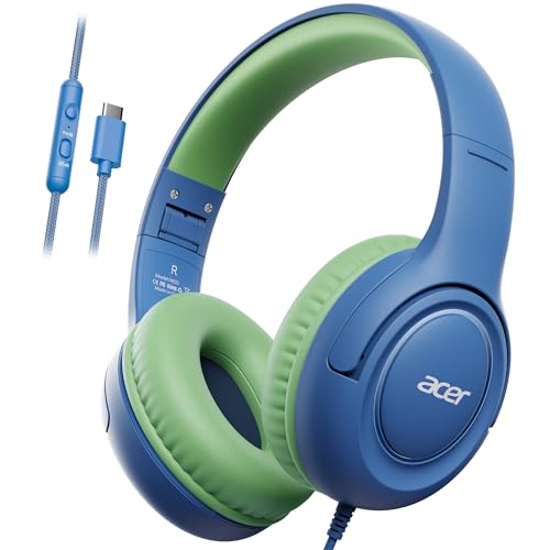 Acer USB-C Kids Headphones - 85/94dB Safe Volume Limited, Foldable Wired Over Ear Headphones for Travel, Toddler Headphones for School, Travel, iPad, Tablet, Blue Green, HK03C - color: USB-C Green Blue