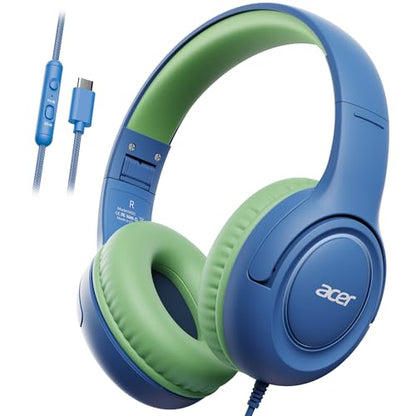 Acer USB-C Kids Headphones - 85/94dB Safe Volume Limited, Foldable Wired Over Ear Headphones for Travel, Toddler Headphones for School, Travel, iPad, Tablet, Blue Green, HK03C - color: USB-C Green Blue
