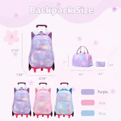3Pcs Rolling Backpack for Girls Dream Princess Wind Bookbag with Wheels Travel Bag Trolley School Bag with Lunch Box Blue - color: 3 Pcs Blue-2 Wheels, size: 3 Pcs 2 wheels