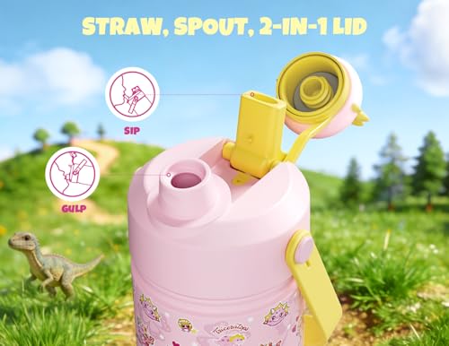 POWCAN 18 oz Kids Water Bottle: 2-in-1 Straw Spout Lid with Soft Animal Head, Leakproof, Backpack Friendly, Keep Cold 24H, Cute Patterns, Insulated Cup for School, Playtime, Trip, Gift (Lovely Trike) - color: Lovely Trike, size: 18 Ounces