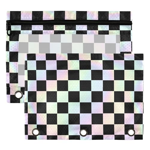 Black Chessboard Binder Pouches 3 Ring for Boys Girls School Office College Supplies White Buffalo Plaid Rainbow Color Pencil Pouches Case Bag with Clear Window and Zipper 2 Pack - color: Rainbow