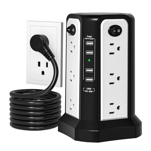 Surge Protector Power Strip Tower with PD18W USB C Port, PASSUS Charging Tower with 5 USB, 10FT Extension Cord with 12 AC Multiple Outlets, Overload Protection for Home Office Dorm Room - style: Black White-4A1C