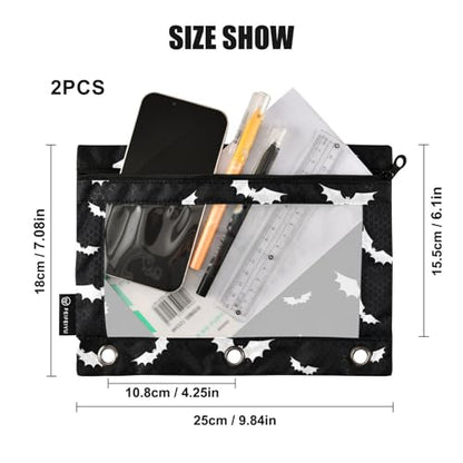 2 Pack 3 Ring Binder Pencil Pouch Halloween Bats Gothic Pencil Case Pencil Bags with Zipper, Clear PVC Binder Pockets for Office Daily Supplies - color: Color 12