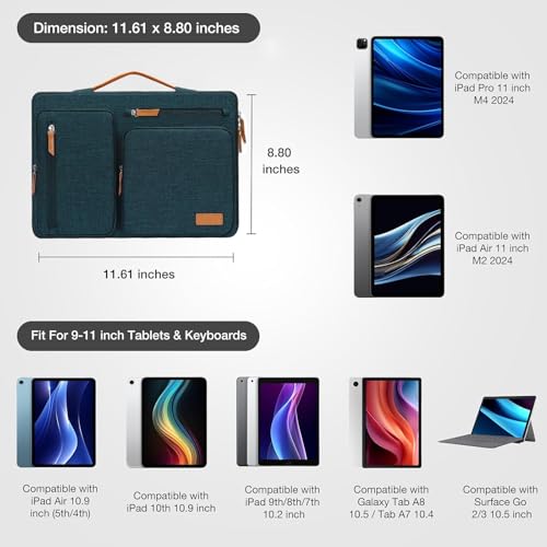 MOSISO 9-11 inch Tablet Sleeve Case for iPad A16 2025, iPad Air 11 inch M3 M2, iPad Pro 11 M4, iPad 10/9/8/7th, Galaxy Tab A9+/S9/S8/Plus 11, Side Open Carrying Bag with 4 Zipper Pockets, Teal Green - color: Teal Green, size: 11 inch