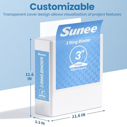 SUNEE 3 Inch Binders 3 Ring 4 Pack, PVC-Free Clear View Large Binders 3" (Fits 8.5x11 Inches) for School, Office & Home Use, White - color: White, size: 3 Inch, style: 4 Pack