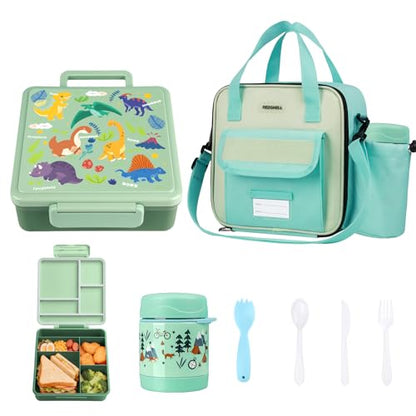 REDSHELL Bento Lunch Box for Kids Set, Leakproof Food Jar Pail with Insulated Bag, Toddler Snack Container Lunchbag for Girls Daycare, Back to School Lunchbox Kit, Includes Bottle Holder Strap, Green