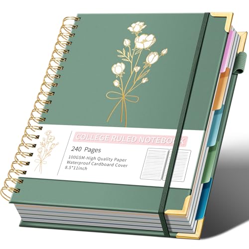 Ovesmusl Hardcover Spiral Notebooks 8.5" X 11" Note Taking 5 Subject Notebook College Ruled with Dividers 240 Pages 100GSM Aesthetic Spiral Notebook for Work School Cute Journals for Women Writing - color: Green, size: 8.5"x11"
