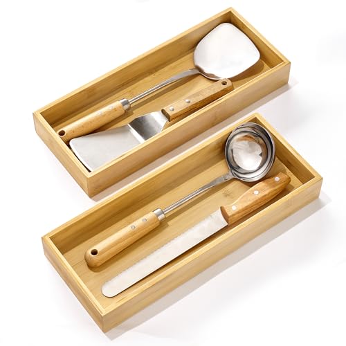 Vtopmart Bamboo Drawer Organizer Boxes - Set of 2 Multi-purpose Wooden Storage Dividers for Kitchen, Bathroom, Office, Desk, Makeup, Jewelry & More, Non-Slip Junk Drawer Organizer Trays for Storage - style: 2 Boxes