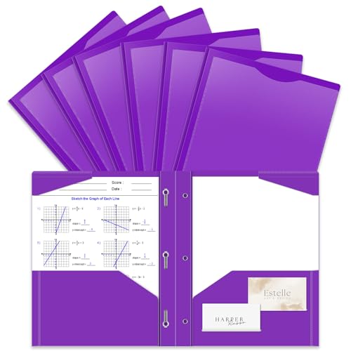 6 Pack Heavy Duty Plastic Pocket Folder with Prongs and Clear Front Pocket, 3 Pockets Folders with 3 Prongs and 2 Card Slot, Purple File Folders Fit Letter Size Paper for Office School Home Business - color: Purple