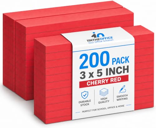 1InTheOffice Ruled Red Index Cards 3x5, Cherry Red, 200/Cards