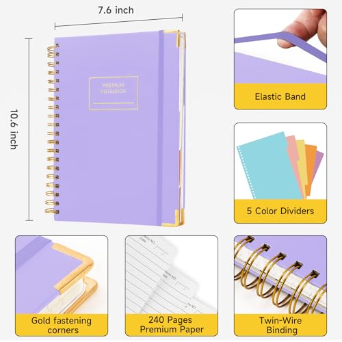 Huhuhero Spiral Notebook Journal, 240 Pages 5 Subject Notebook College Ruled, 7.6" x 10.5", Cute Hardcover Lined Spiral Journals for Work School Writing Women Men, College School Supplies, Purple - color: Purple