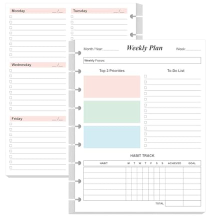 9 Disc Weekly Planner Undated Refills - Classic Size 53 Sheets/106 Pages Colorful Weekly Planner for Happy Planners Insert, 100 gsm White Paper, Lasts 1 Year, Undated, 7" x 9.25" - size: 1-Pack, style: 9-Disc/Classic Size