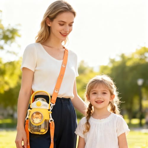 LEJN 28 oz Water Bottle Kawaii with Adjustable Shoulder Strap for Summer Cold Water Chill Portable Leakproof BPA-free Cartoon Children Cup Traveling Hiking Camping (Yellow820ml) - color: Yellow820ml