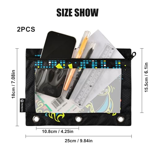 Play Game Binder Pouches 3 Ring for Boys Girls School Office College Supplies Toy Game pad Black Pencil Pouches Case Bag with Clear Window and Zipper 2 Pack - color: Game