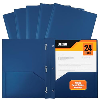 Heavyweight Blue Plastic 2 Pocket Portfolio Folder, Letter Size Poly Folders by Better Office Products, 24 Pack, Royal Blue (with prongs) - style: with prongs