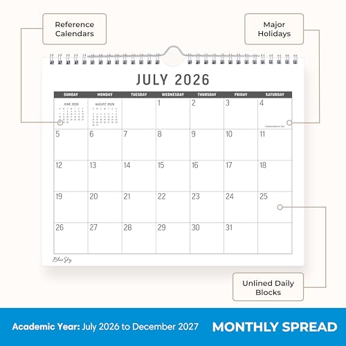 Blue Sky 2026-2027 18 Month Large Print Monthly Academic Year Wall Calendar, July 2026 - December 2027, 11" x 8.75", Durable Twin Wire Binding, Perfect For Home, Office And Classroom, Silver