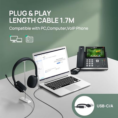 Yealink UH35 USB-C/A Headset with Noise Cancelling Microphone, Wired Headphones for Computer PC, Mute Button, Compatible with Zoom, Google and Other Leading UC Call Platforms