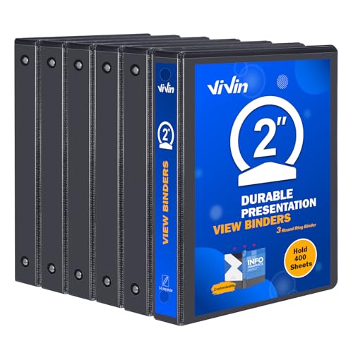 3 Ring Binder 2 Inch, ViVin Sturdy 2"-Round Ring Binder with 2 Interior Pockets, Clear View Cover, PVC-Free, Fits 400 Sheets of 8.5'' x 11'' Paper, Office Home School (6 Pack, Black) - color: Black, size: 2 Inch, style: 6 Pack