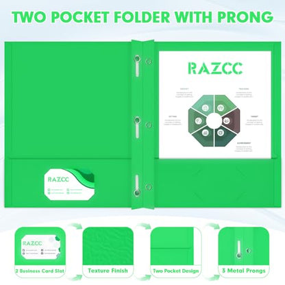 Two Pocket Folders, RAZCC 75 Pack Two Pocket Folders with Prongs, 3 Prong Folders Fit Letter Size Paper, Pocket File Folders for School Office Home Business, Green - color: Green