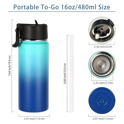 Volhoply Kids Insulated Water Bottle with Straw,16oz Stainless Steel Cold Water Bottles for School,BPA-Free Metal Wide Mouth Cups with Handle,Reusable Double Wall Vacuum Sport Flask(Green Blue,1) - color: Green Blue
