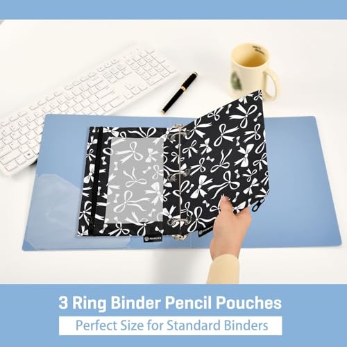 Black White Bow Pencil Pouch for 3 Ring Binder 2 Pcs Binder Pouches with Zipper Pocket Pencil Case Bag with Clear Window for Office Work School Supplies - color: Black White Bow