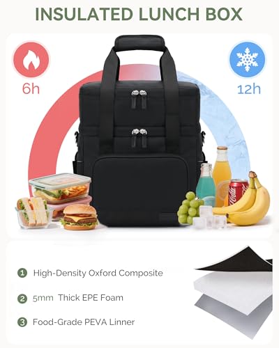 HOMESPON Double Layer Lunch Bag for Women Men, 14L Large Insulated Lunch Box with Shoulder Strap, Expandable Cooler Tote with Cup Holder for Work Office Picnic, Black - color: Black