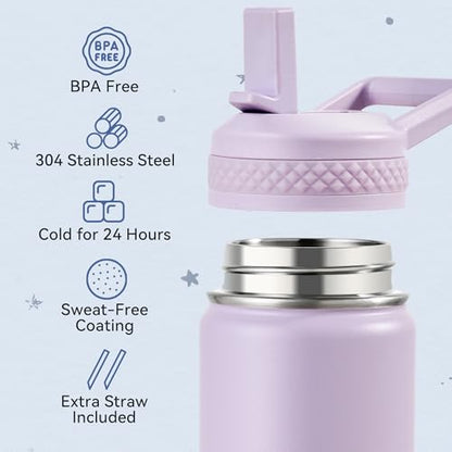 Fijinhom 12 oz Toddler Bottle, 2 Pack Kids Water Bottle for School Boys & Girls with Straws Lids, 304 Stainless Steel Vacuum Insulated Thermos, BPA-Free, Blue + Purple - color: AA.Blue & Purple