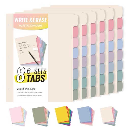 Sooez 8 Tabs Long-Lasting Plastic Write & Erase Large Tabs Dividers for 3 Ring Binder, Aesthetic Cute Pastels Binder Dividers for Student, Teacher, Office, Home Organizers, 6 Sets, Beige Color - color: Beige Color, size: 6 Sets