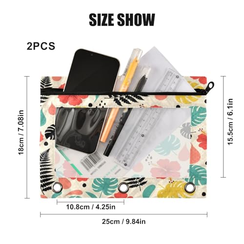 Blueangle Hibiscus Tropical Leaf Pencil Pouch for 3 Ring Binder, 2 Pack Clear Window Zipper Pencil Bags for Office