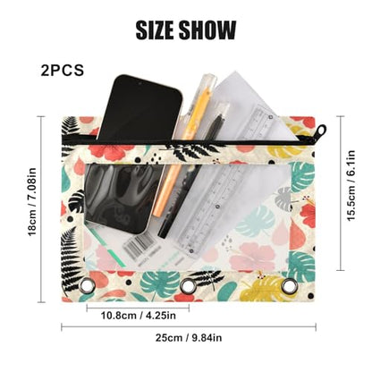 Blueangle Hibiscus Tropical Leaf Pencil Pouch for 3 Ring Binder, 2 Pack Clear Window Zipper Pencil Bags for Office