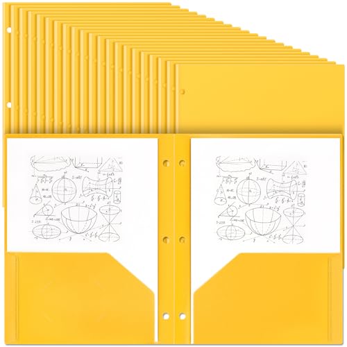 Yeaqee 100 Pcs Plastic Folders with Pockets Bulk 3 Hole Punched 2 Pocket File Folders for 3 Ring Binder Divider Folder for Notebooks, Durable Poly for Office Home (Yellow) - color: Yellow